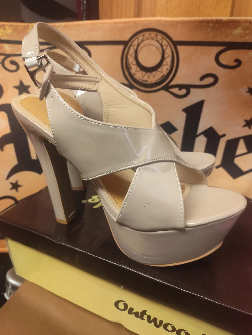 Beige Patent Platform Slingback Heels